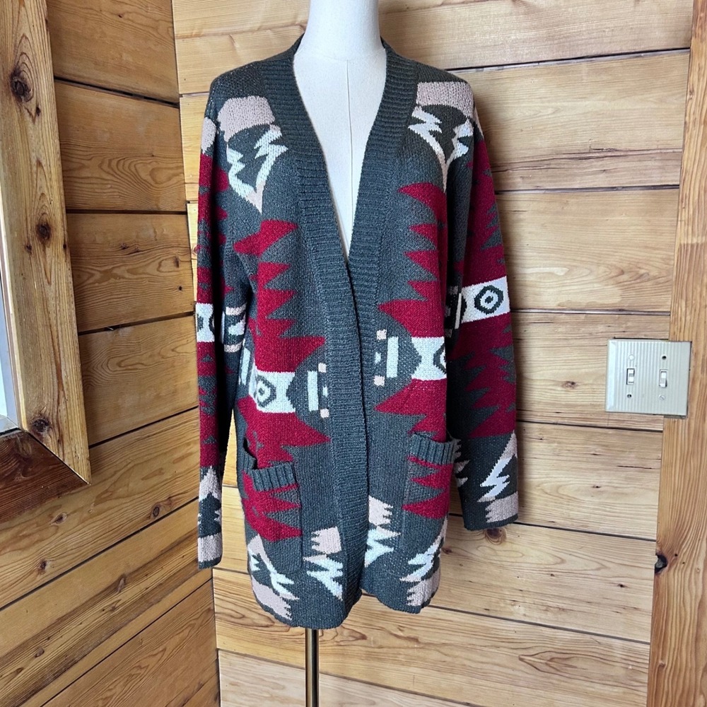 Southwestern Geometric Cardigan Women Large Grey Red Aztec Open Front Handmade